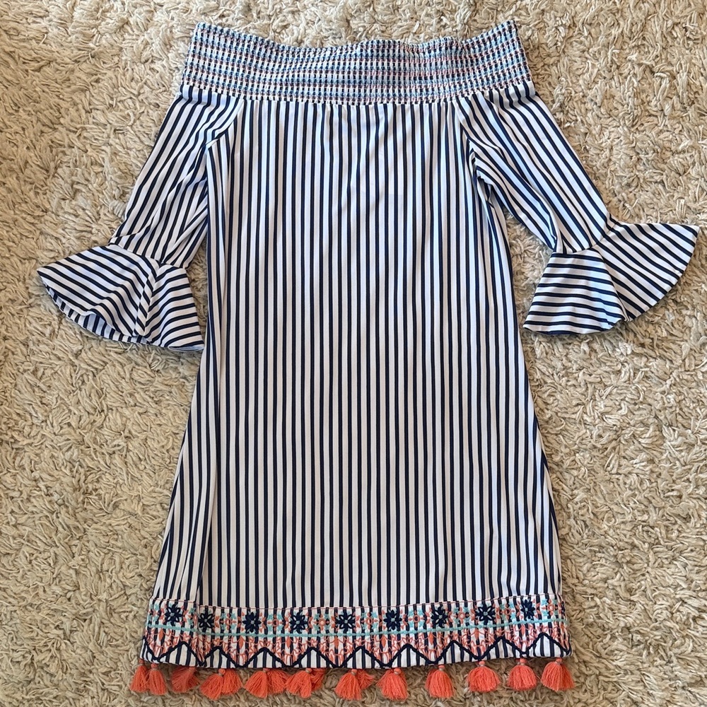 Cabana Life Blue and White Striped Off-Shoulder Dress